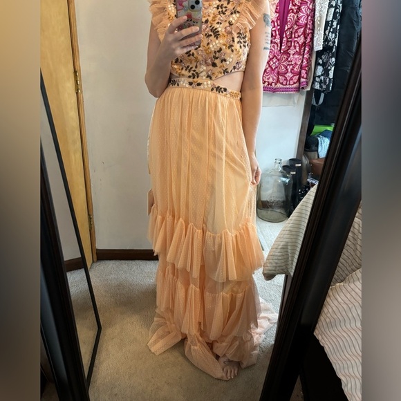NWT Mac Duggal Cutout Tiered Ruffle Skirt Dress Peach Multi Embroidered - Picture 13 of 16